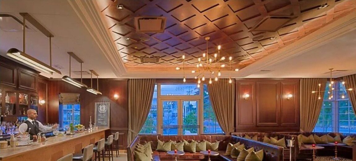 Hotel bar with layered warm lighting