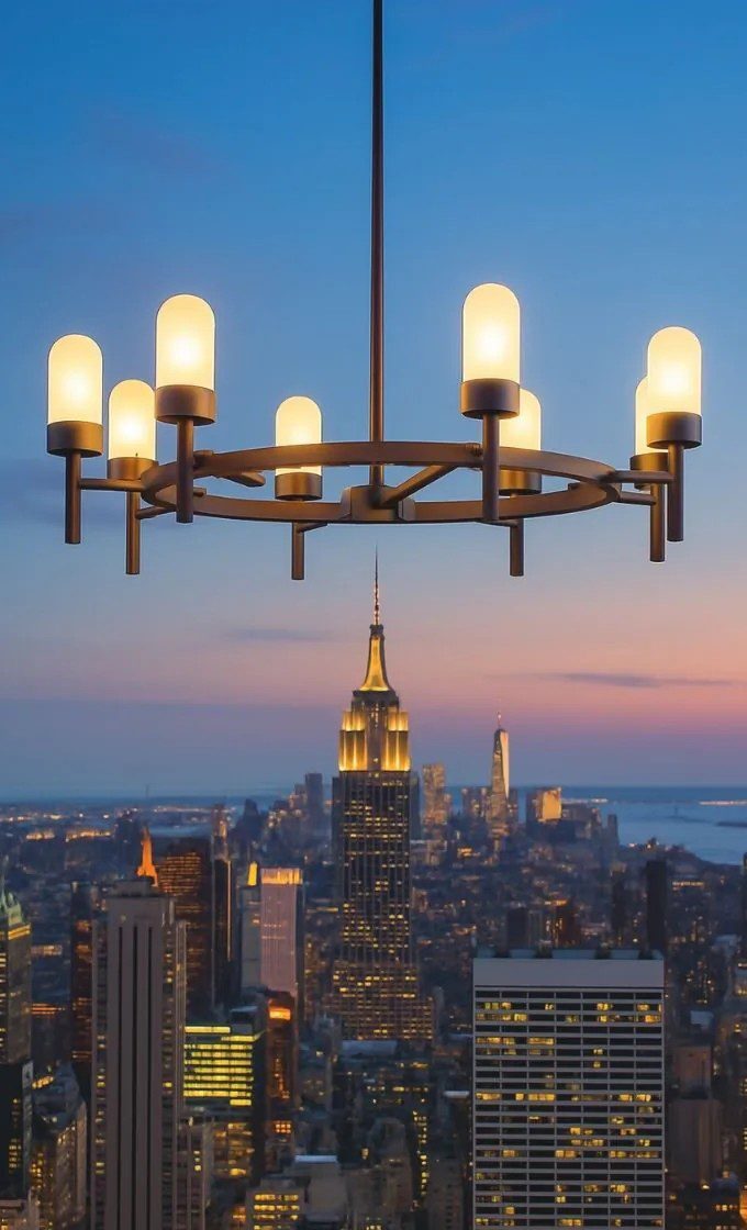 Chandelier over the New York skyline at dusk