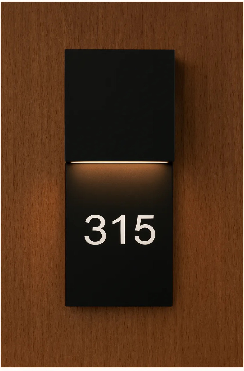 Black room-number sconce 315 on wood