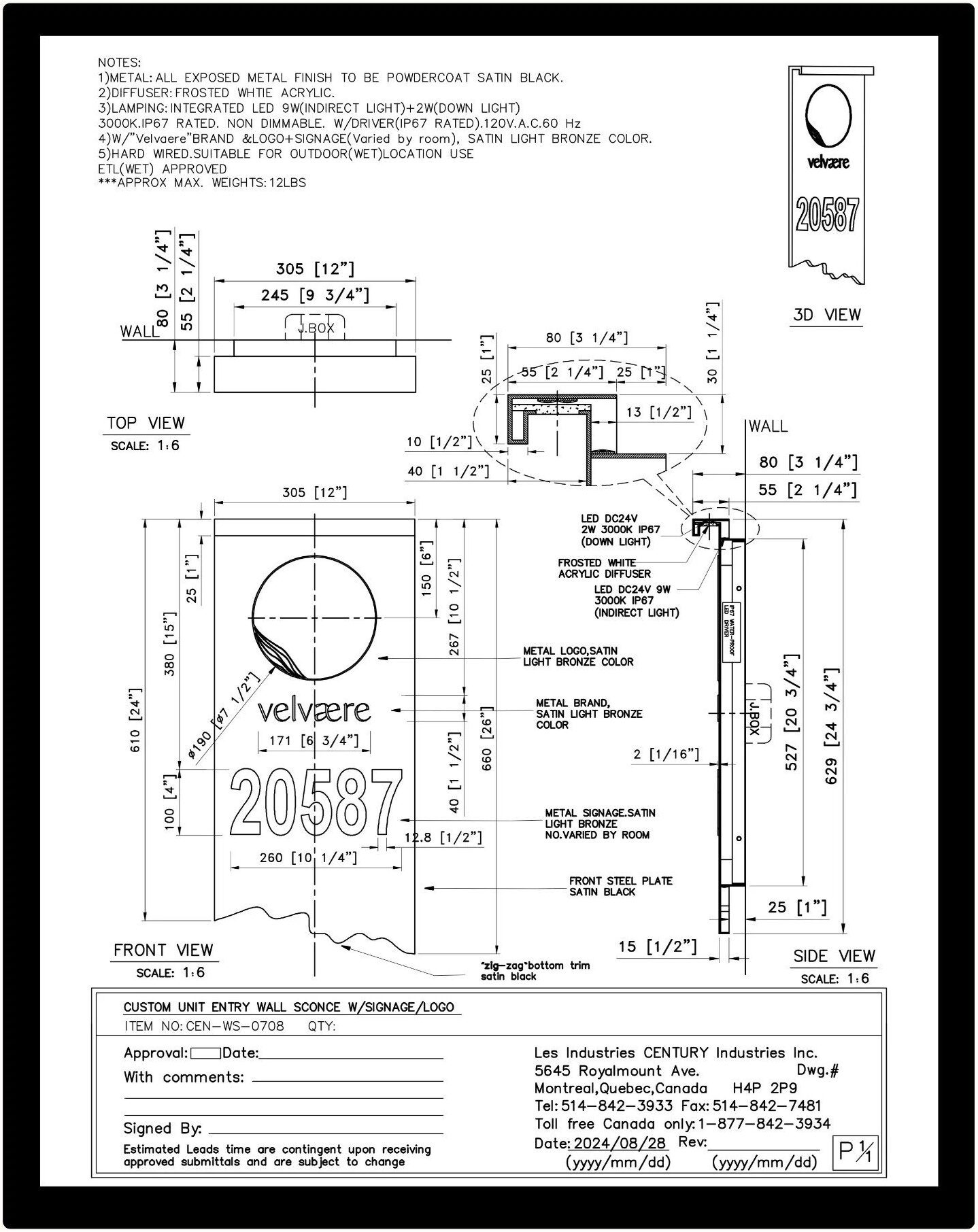 Shop drawing for custom unit entry wall sconce CEN-WS-0708